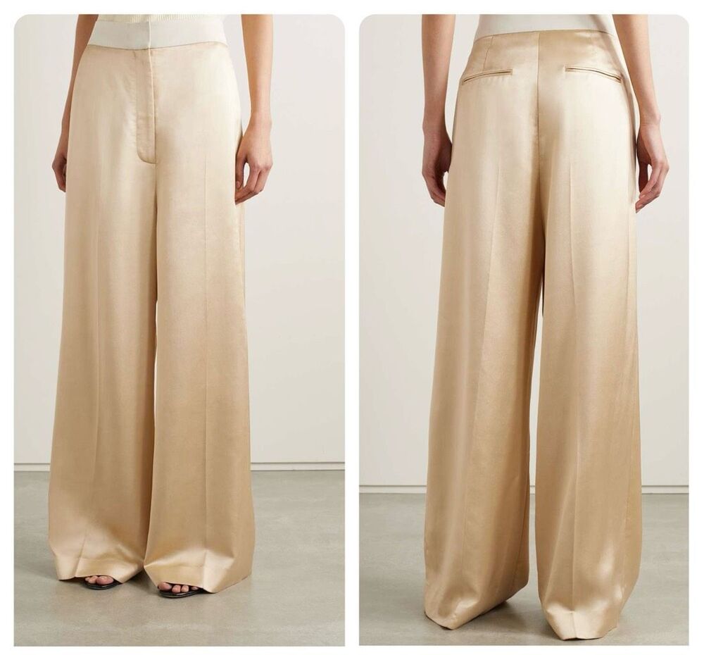 NWT KHAITE Banton satin and faille wide-leg pants Size 4 $1180